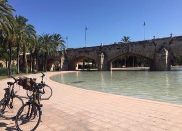 Imagen de una bici aparcada junto a un lago de agua del rio Turia 